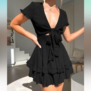 PRETTYGARDEN Womens Black Tie Front V Neck Short Sleeve Mini Dress - XXL